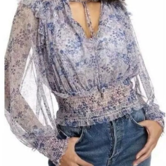 Free People Twyla Sheer Cropped Floral Tie Top – Purple Blue – Size XS - Picture 2 of 6